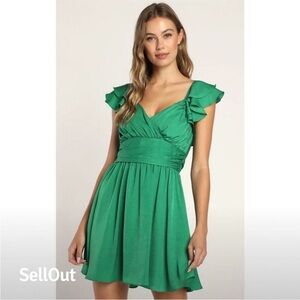 Lulu's Green Ruched Ruffle Mini Dress Sweetheart Neckline